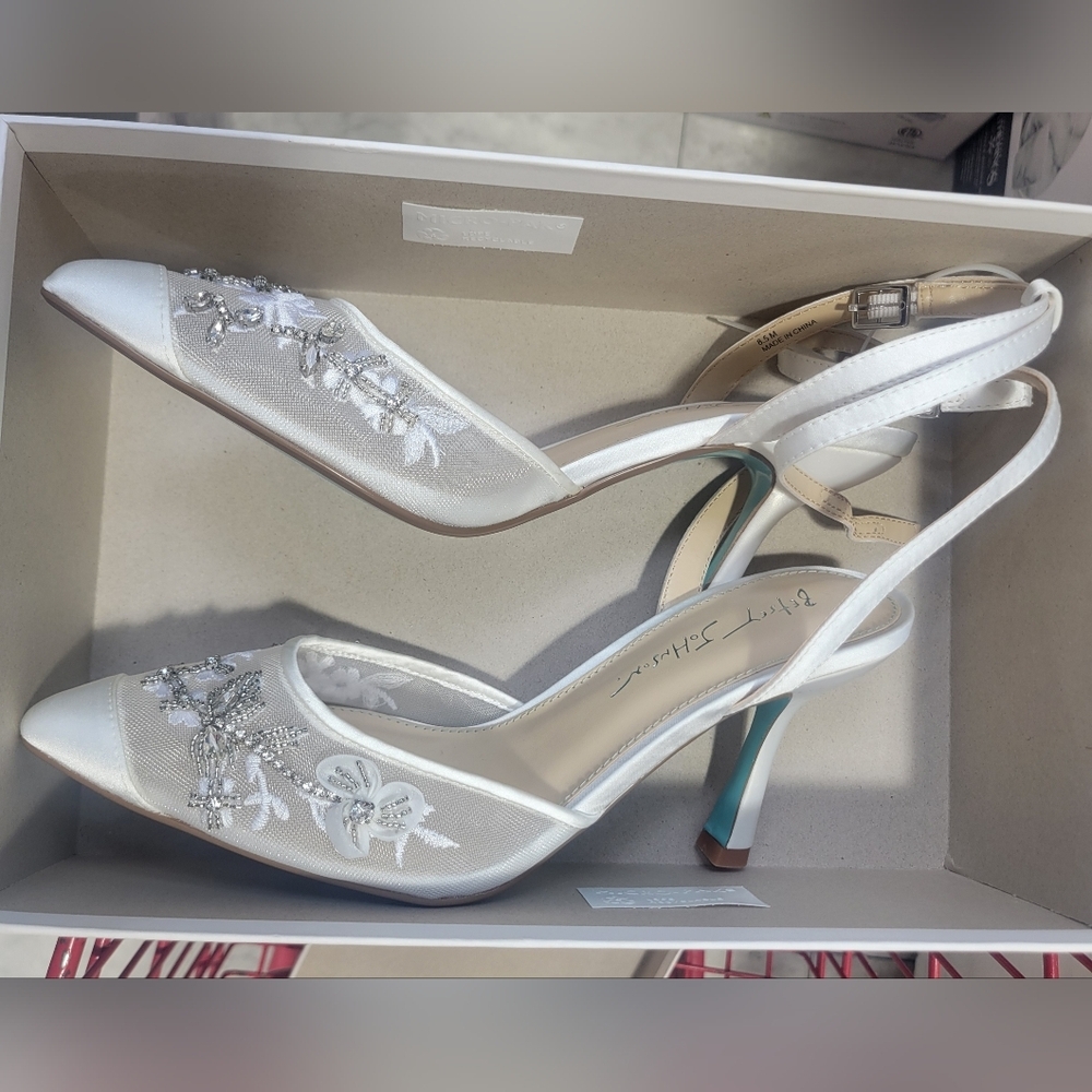 Embellished White Satin Ankle-Strap Pump - Picture 5 of 10